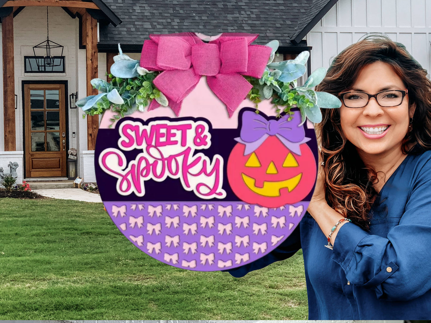 A round Halloween sign decorated with a pink bow, greenery, and a smiling jack-o’-lantern with a purple bow. The sign reads “Sweet & Spooky” and features a pattern of small purple bows along the bottom.