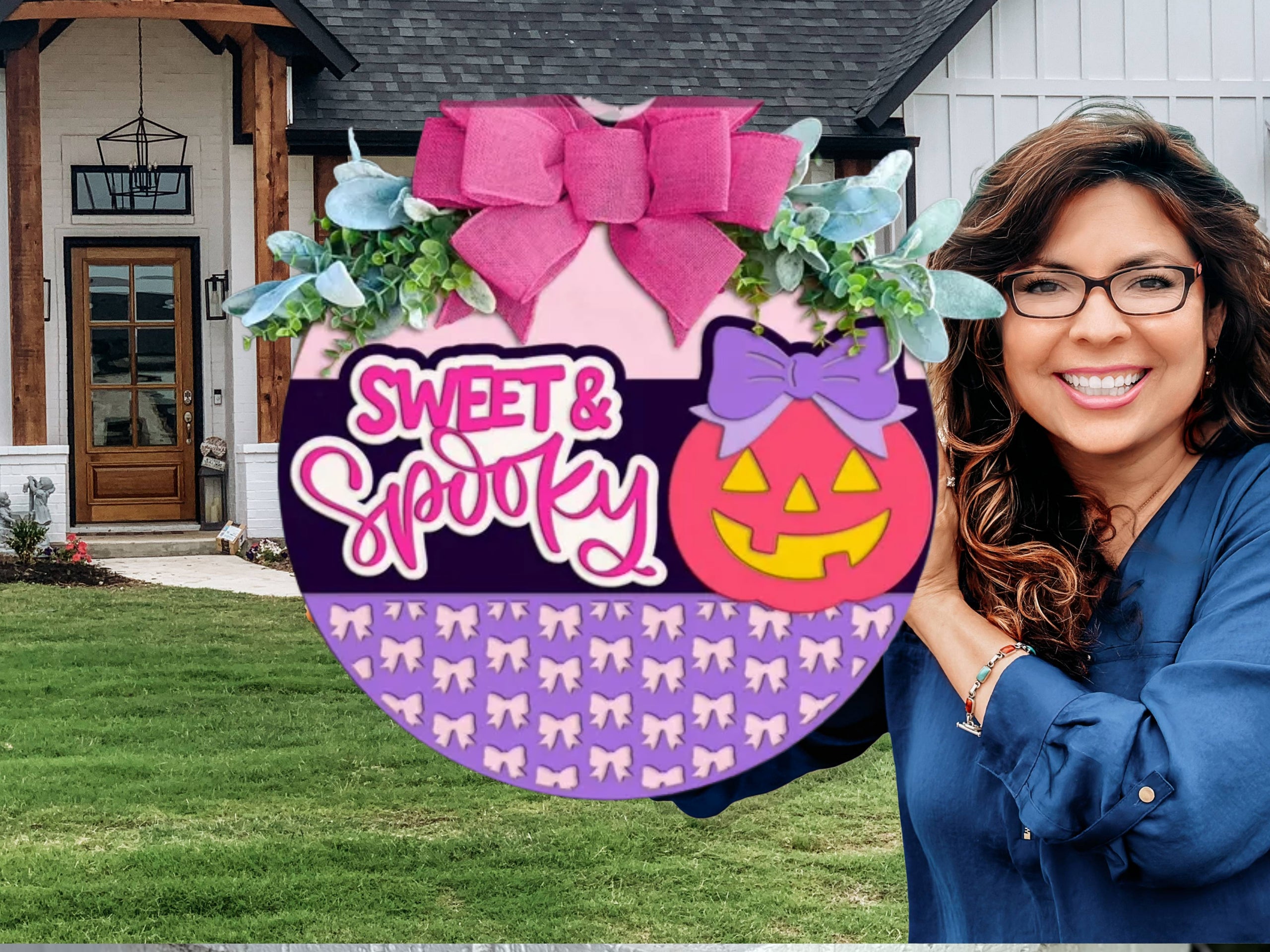 A round Halloween sign decorated with a pink bow, greenery, and a smiling jack-o’-lantern with a purple bow. The sign reads “Sweet & Spooky” and features a pattern of small purple bows along the bottom.