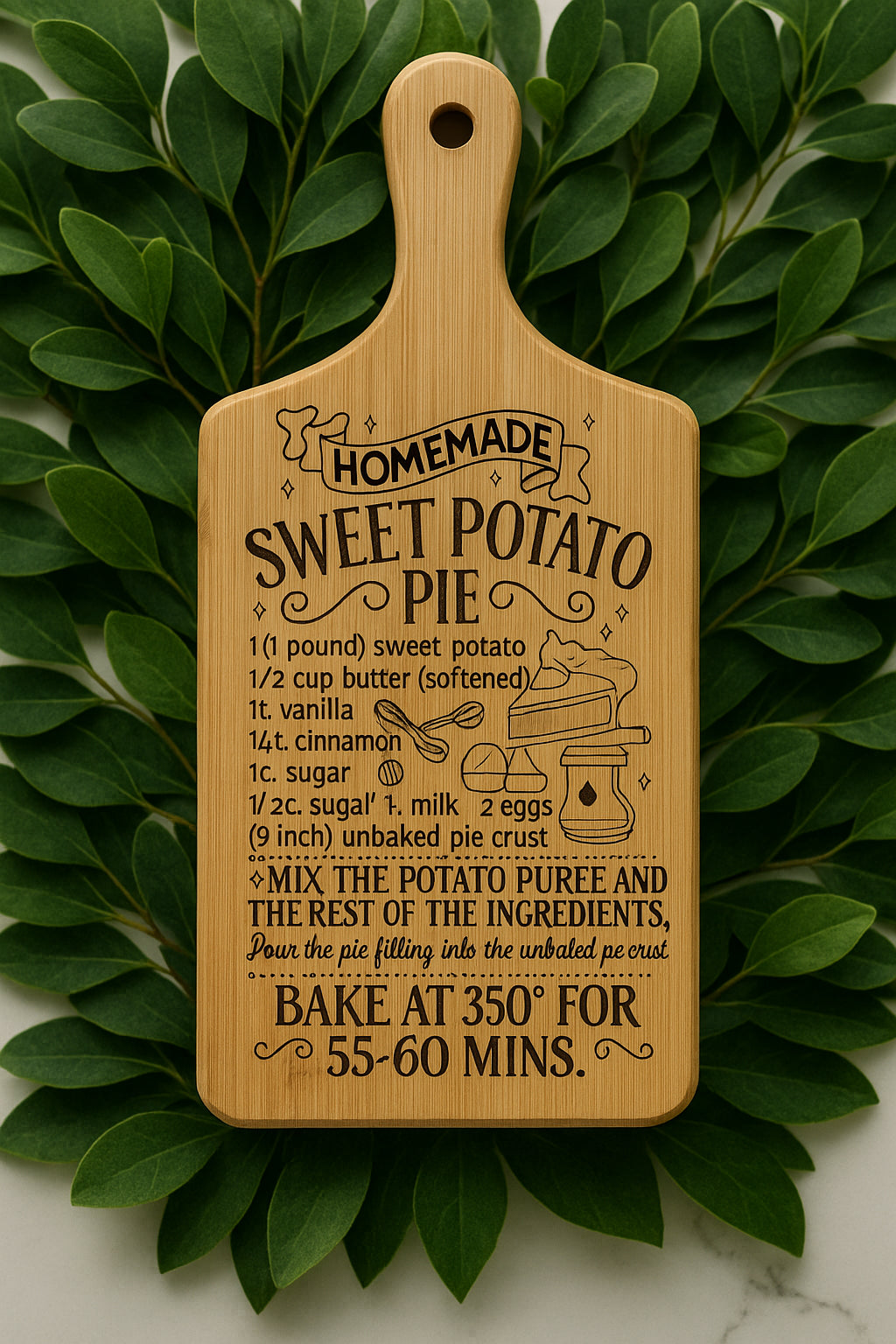 A wooden cutting board with a sweet potato pie recipe written on it, placed on a bed of green leaves. The board lists ingredients and instructions for baking homemade sweet potato pie at 350°F for 55-60 minutes.