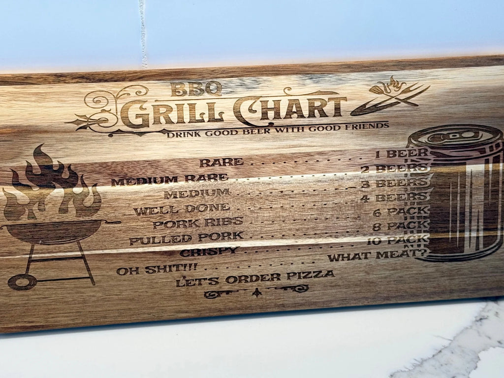 The BBQ Grill Chart engraved Acacia wood cutting board humorously guides your BBQ with cooking levels from Rare (1 beer) to Oh Shit! (10 pack), featuring a grill, beer can, and the phrase Lets order pizza on a white marble background. Ideal for adding quirkiness to your kitchen.