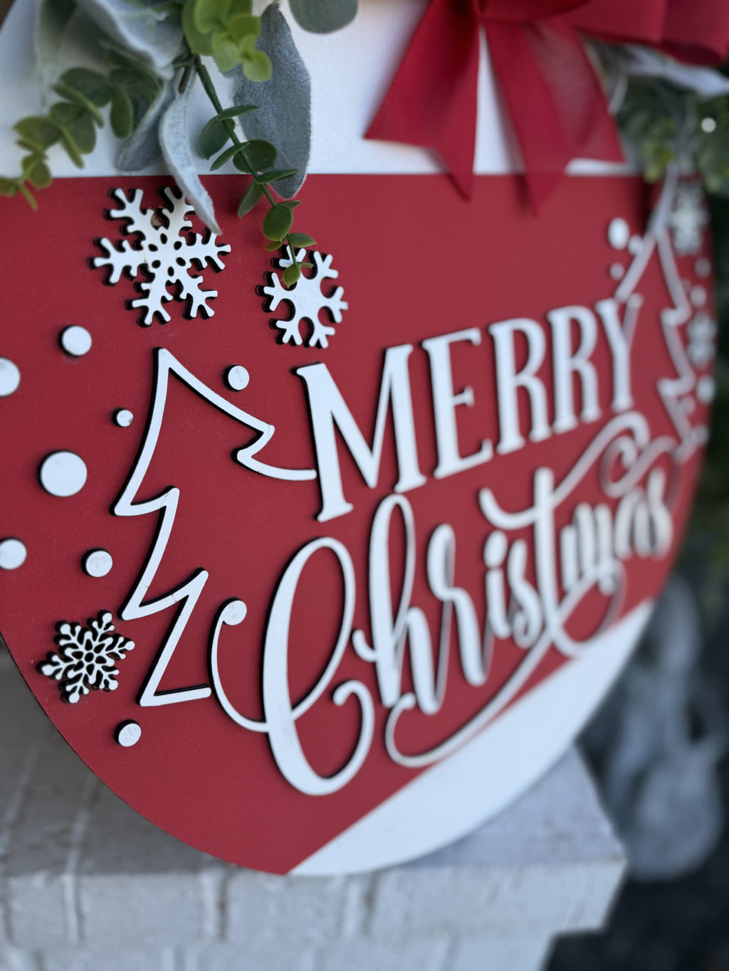 Merry Christmas Door Sign – Red Christmas Tree Door Hanger, Handmade Layered Wood Holiday Decor with Bow and Greenery