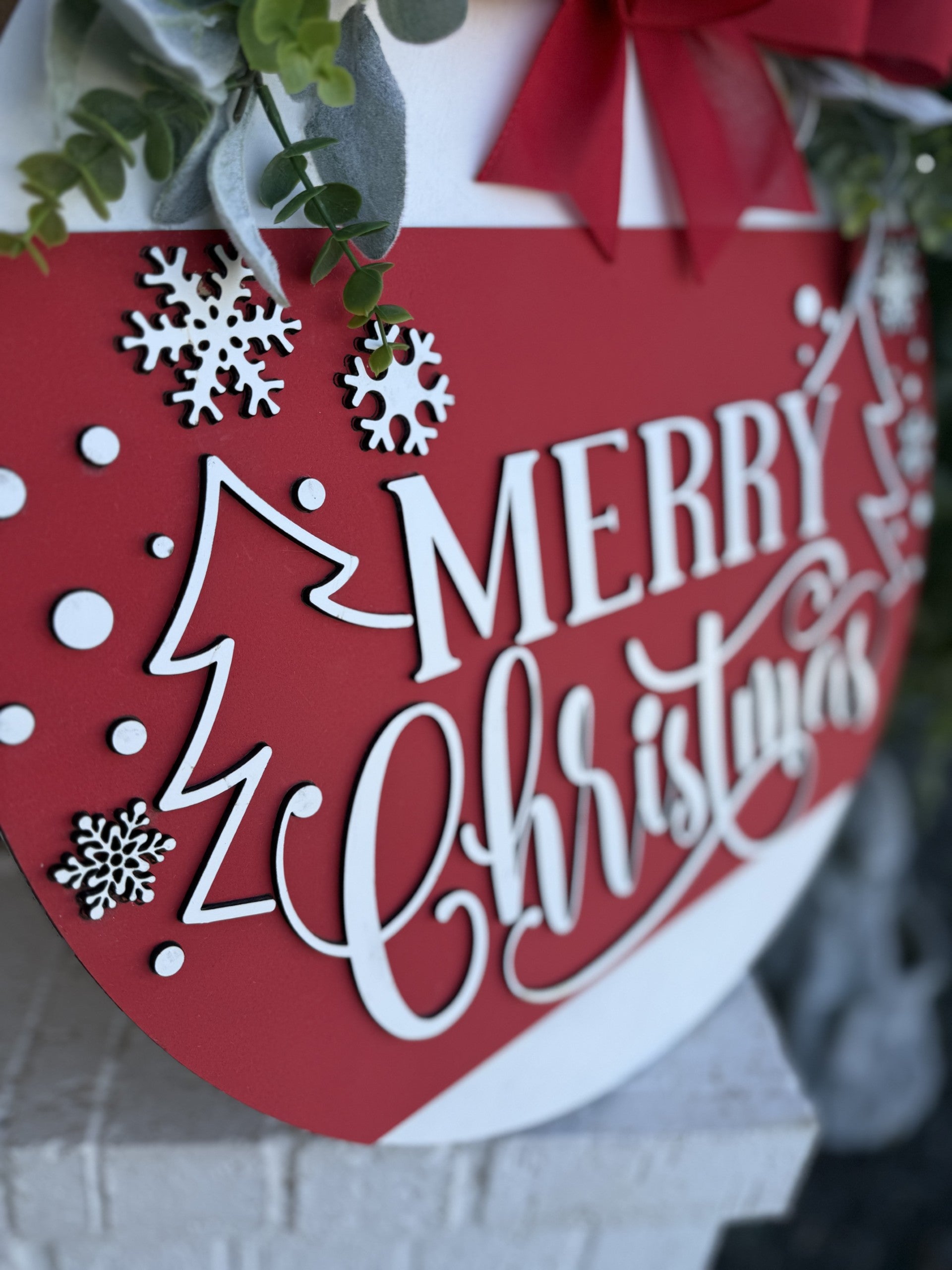 Merry Christmas Door Sign – Red Christmas Tree Door Hanger, Handmade Layered Wood Holiday Decor with Bow and Greenery