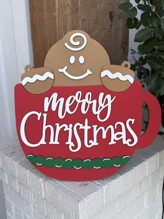 Handmade Gingerbread Mug Christmas Door Hanger | Cute Holiday Porch Sign | Laser Cut Layered Wood Decor | Gingerbread Merry Christmas Sign