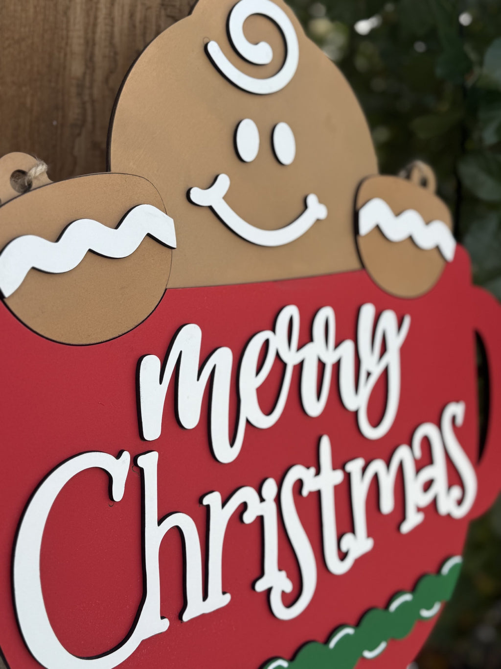 Handmade Gingerbread Mug Christmas Door Hanger | Cute Holiday Porch Sign | Laser Cut Layered Wood Decor | Gingerbread Merry Christmas Sign