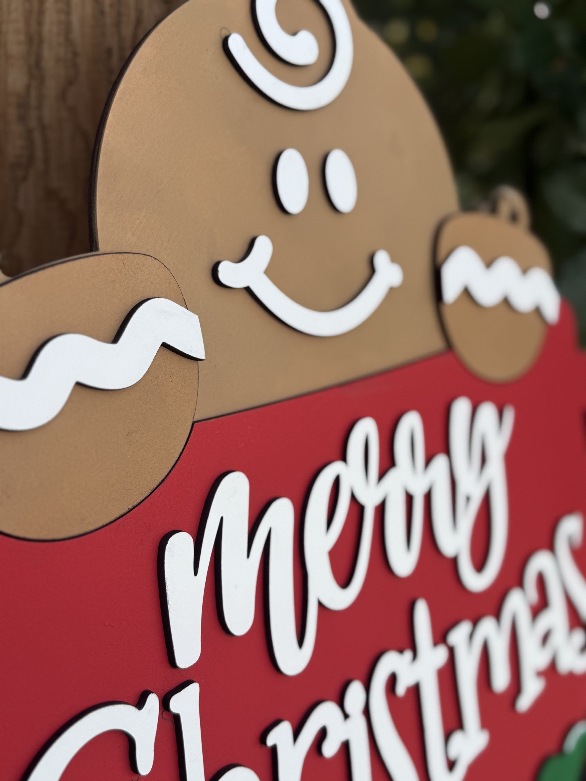 Handmade Gingerbread Mug Christmas Door Hanger | Cute Holiday Porch Sign | Laser Cut Layered Wood Decor | Gingerbread Merry Christmas Sign