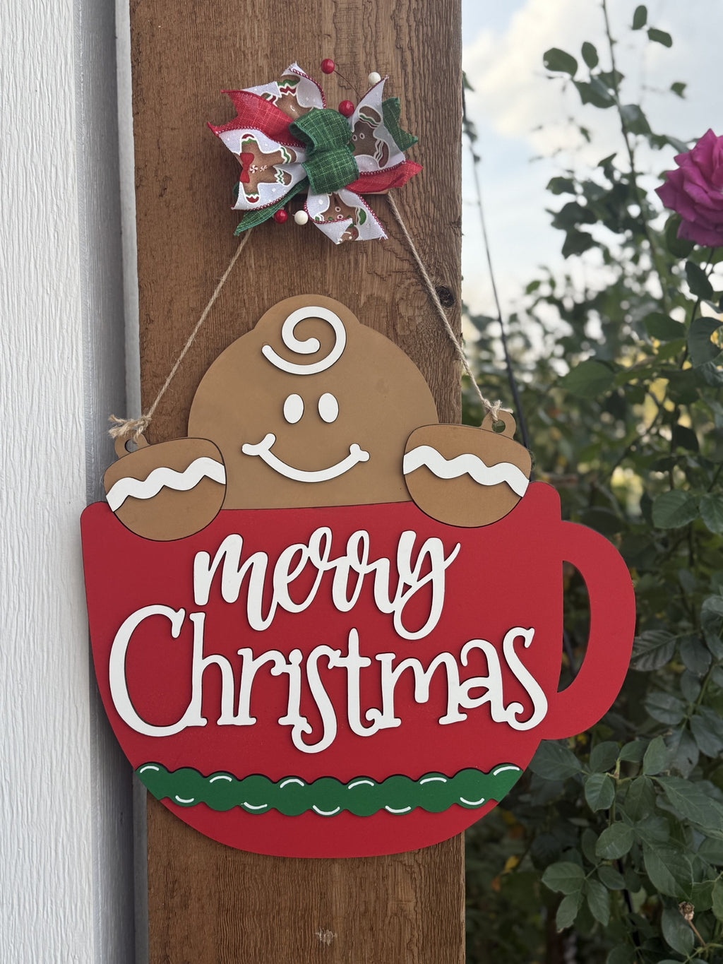 Handmade Gingerbread Mug Christmas Door Hanger | Cute Holiday Porch Sign | Laser Cut Layered Wood Decor | Gingerbread Merry Christmas Sign