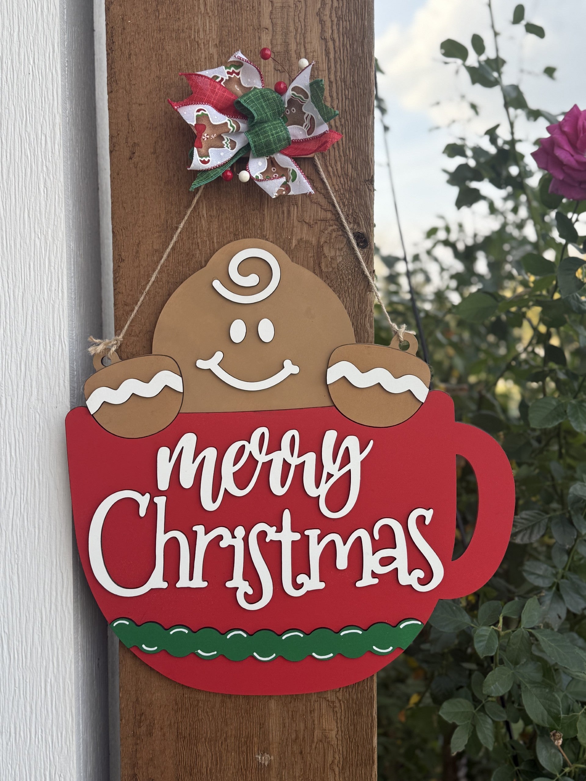 Handmade Gingerbread Mug Christmas Door Hanger | Cute Holiday Porch Sign | Laser Cut Layered Wood Decor | Gingerbread Merry Christmas Sign