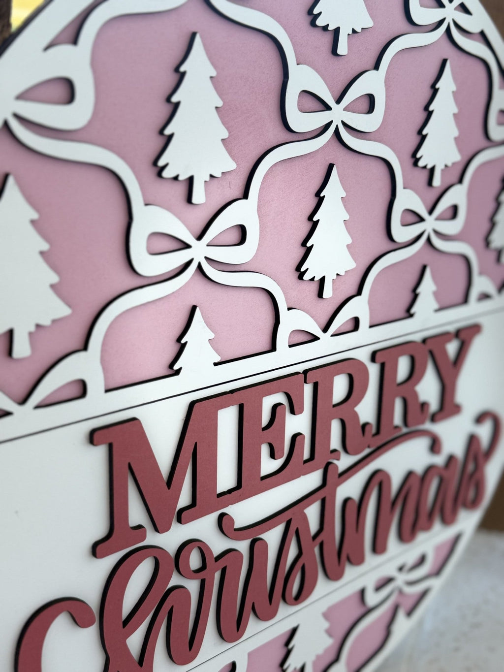 Merry Christmas Sign | Pink and White Layered Door Hanger | Christmas Trees & Bows Decor | Holiday Front Door Sign | Layered Wood Round - 3D Layered Wood Door Sign by Getz It Done Studio