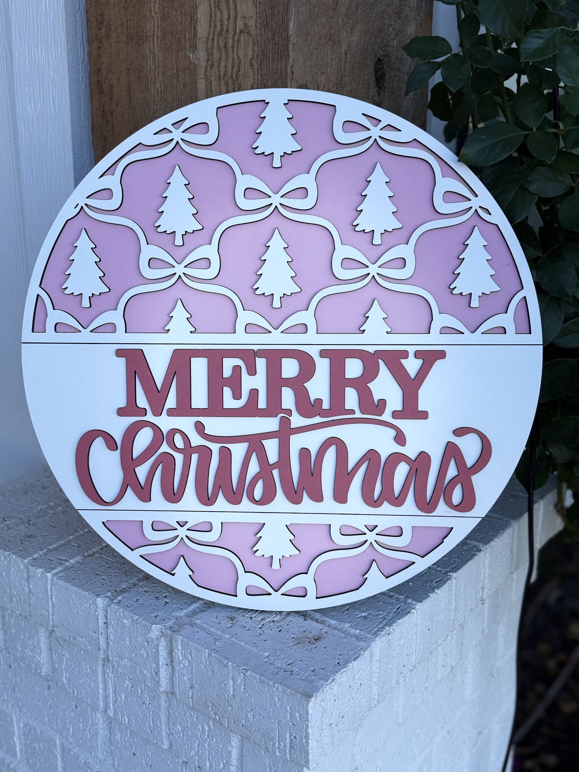 Merry Christmas Sign | Pink and White Layered Door Hanger | Christmas Trees & Bows Decor | Holiday Front Door Sign | Layered Wood Round