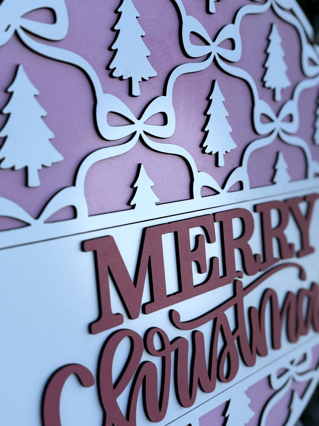 Merry Christmas Sign | Pink and White Layered Door Hanger | Christmas Trees & Bows Decor | Holiday Front Door Sign | Layered Wood Round - 3D Layered Wood Door Sign by Getz It Done Studio