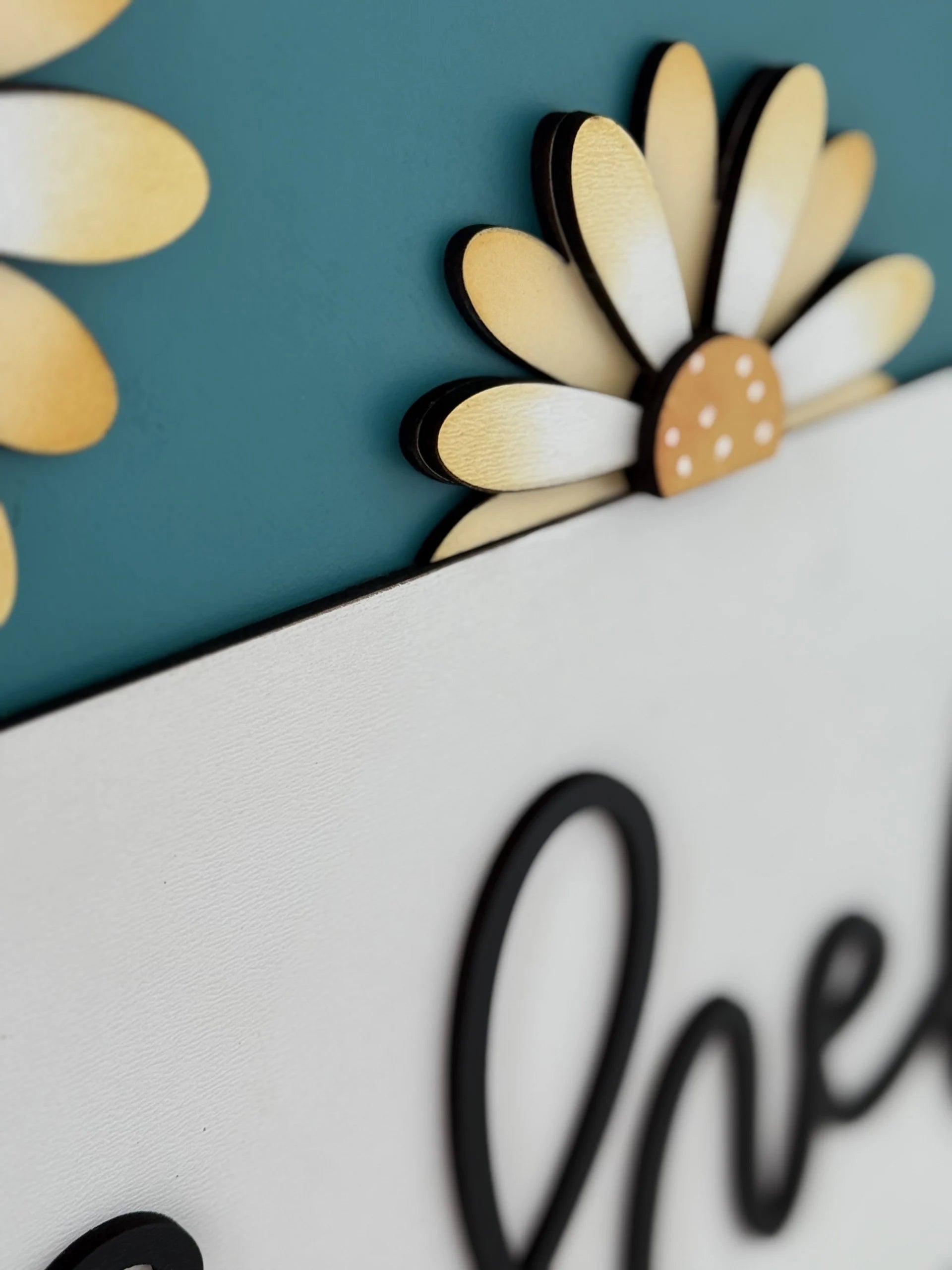Close-up of a decorative sign with cursive letters in black against a white background. The sign is accented with partially visible daisies, showcasing white petals with yellow shading and polka-dotted centers. The background is teal, enhancing the floral and text design.