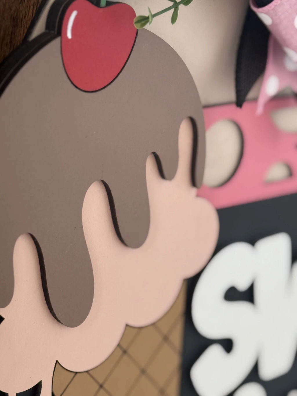 A close-up of a decorative ice cream cone illustration shows a pink cone with brown chocolate drips, a red cherry on top, and part of a sign with bold white letters on a black background, along with some pink and polka dot patterns in the background.
