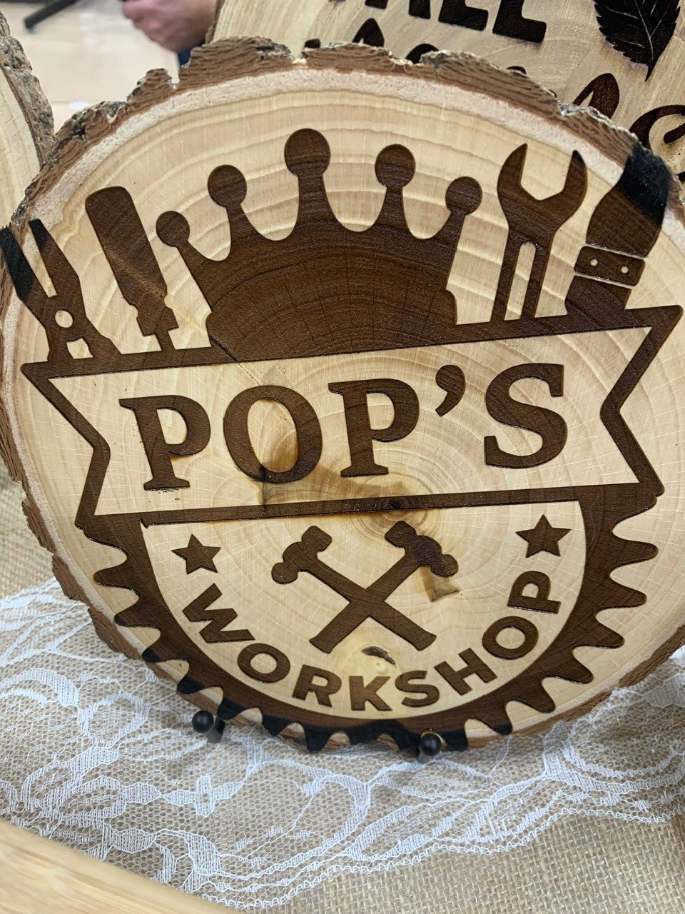 Pops Workshop: Round Wood Slice Wall Decor for Pops' Perfect Space - 3D Layered Wood Door Sign by Getz It Done Studio