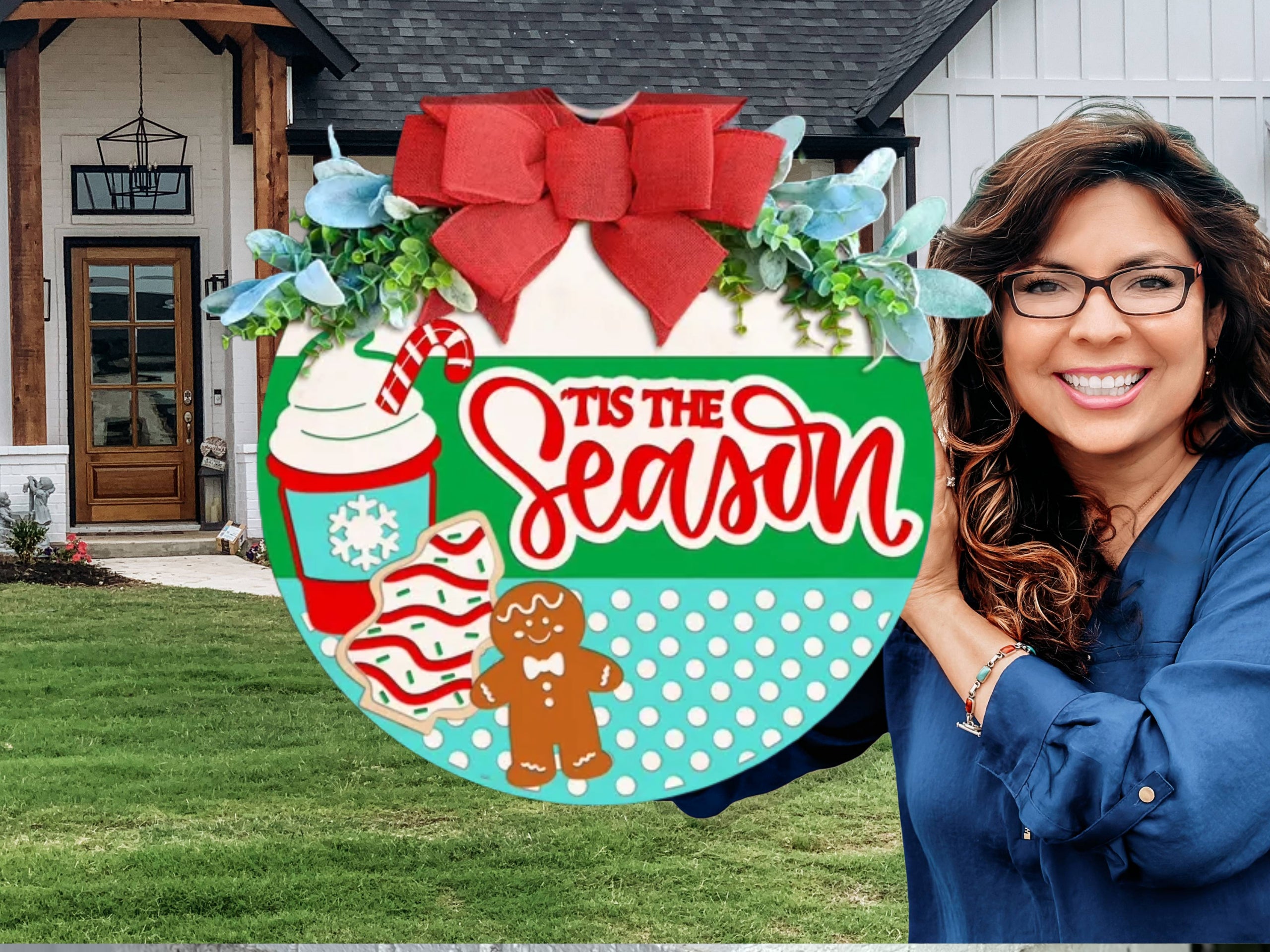 A festive sign shaped like an ornament features a red bow, greenery, a coffee cup with a candy cane, decorated cookies, a gingerbread figure, and the text “’Tis the Season” in red script.