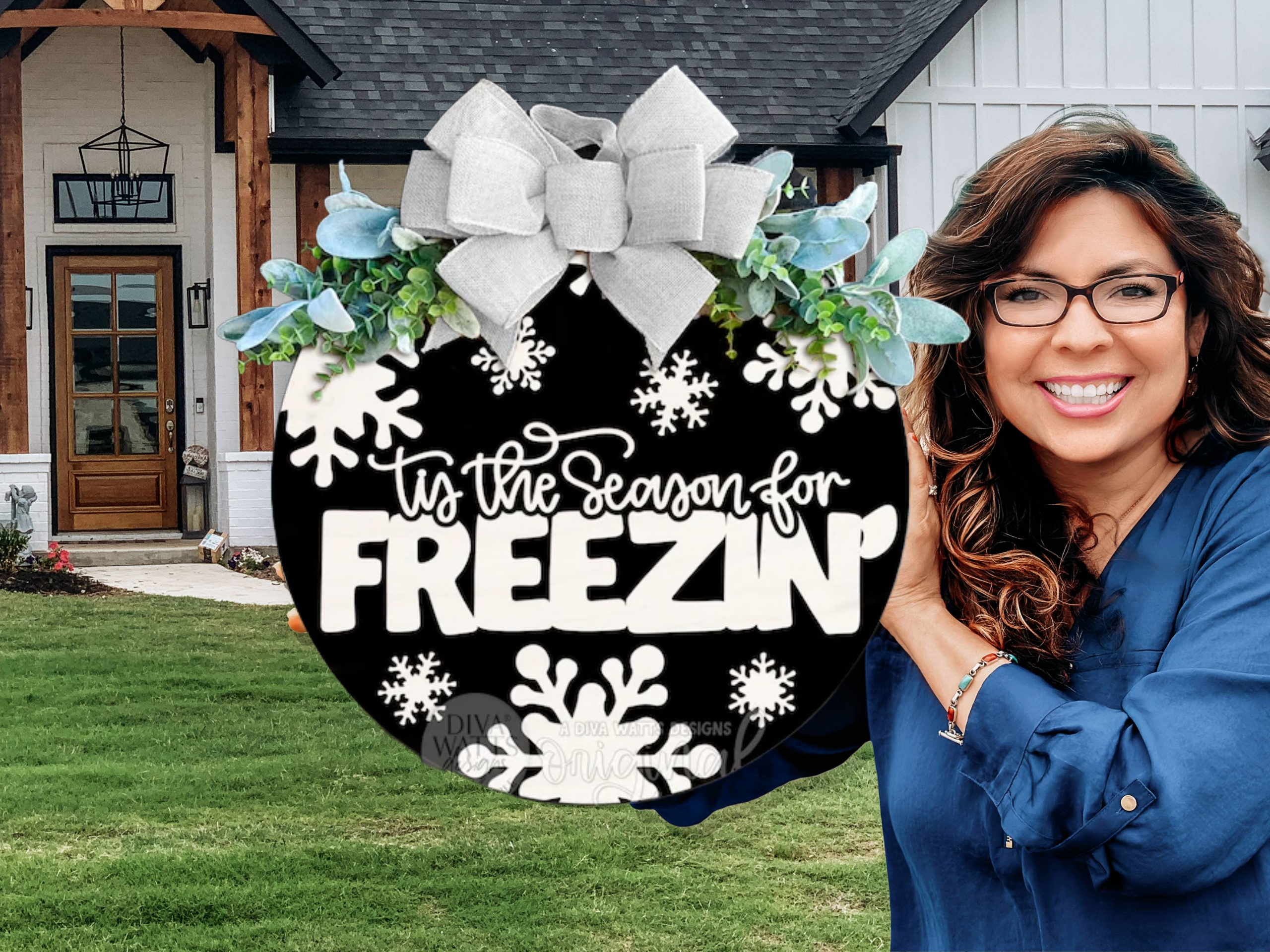 ’Tis the Season for Freezin’ Door Sign • Winter Porch Decor • Snowflake Door Hanger • Funny Christmas Sign • Black & White Winter Round