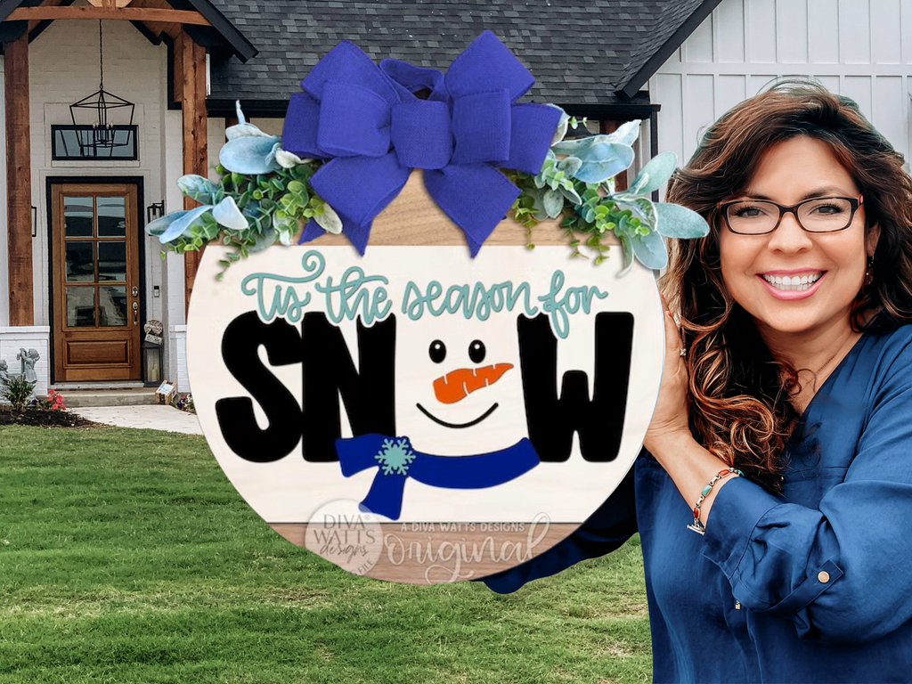 ’Tis the Season for Snow Door Hanger • Snowman Winter Sign • Layered Wood Round