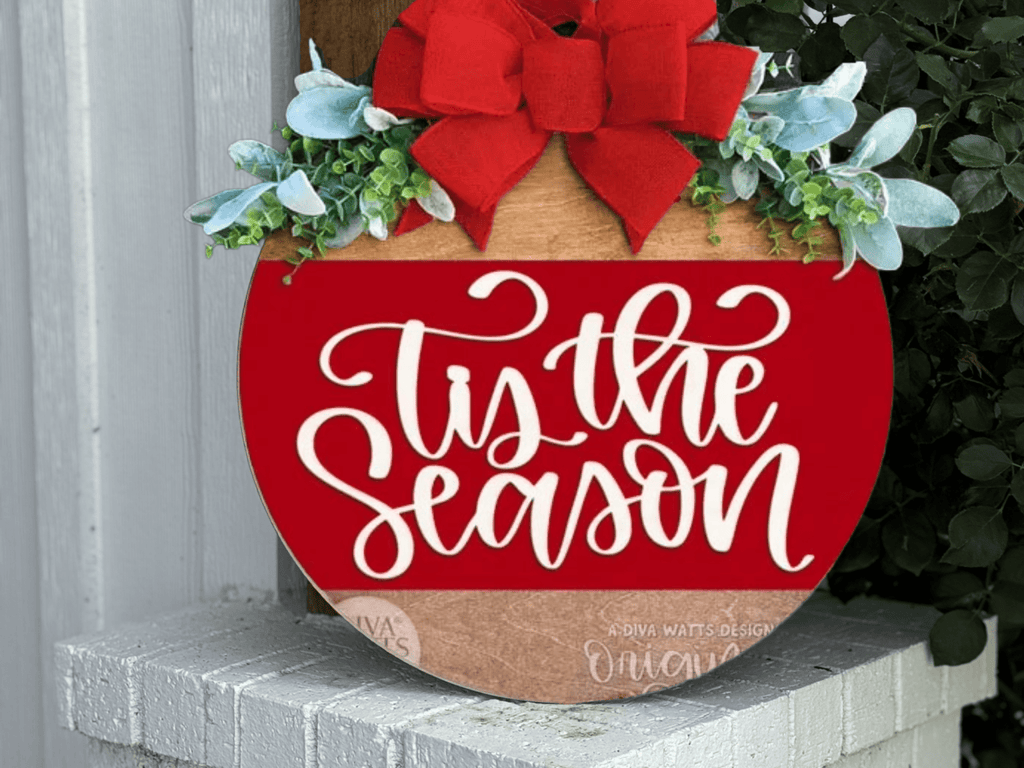 Tis the Season Christmas Door Hanger | Red & White Holiday Front Door Sign | Winter Porch Decor | Handmade Layered Wood Round Sign - 3D Layered Wood Door Sign by Getz It Done Studio