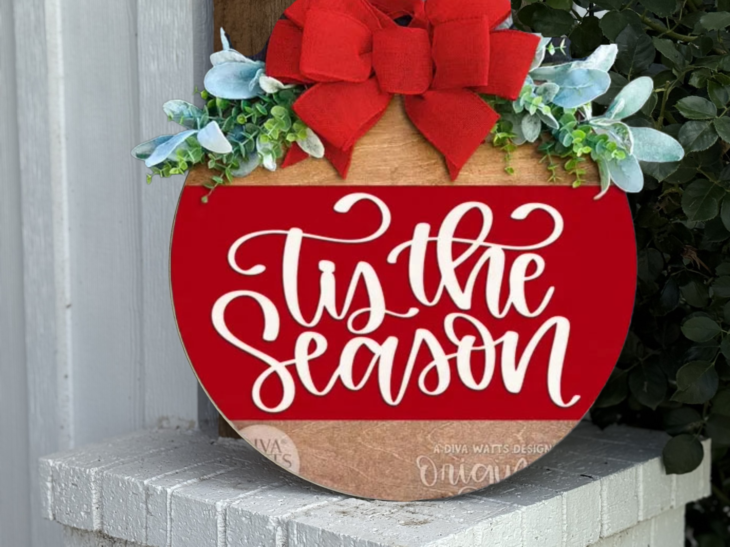 Tis the Season Christmas Door Hanger | Red & White Holiday Front Door Sign | Winter Porch Decor | Handmade Layered Wood Round Sign