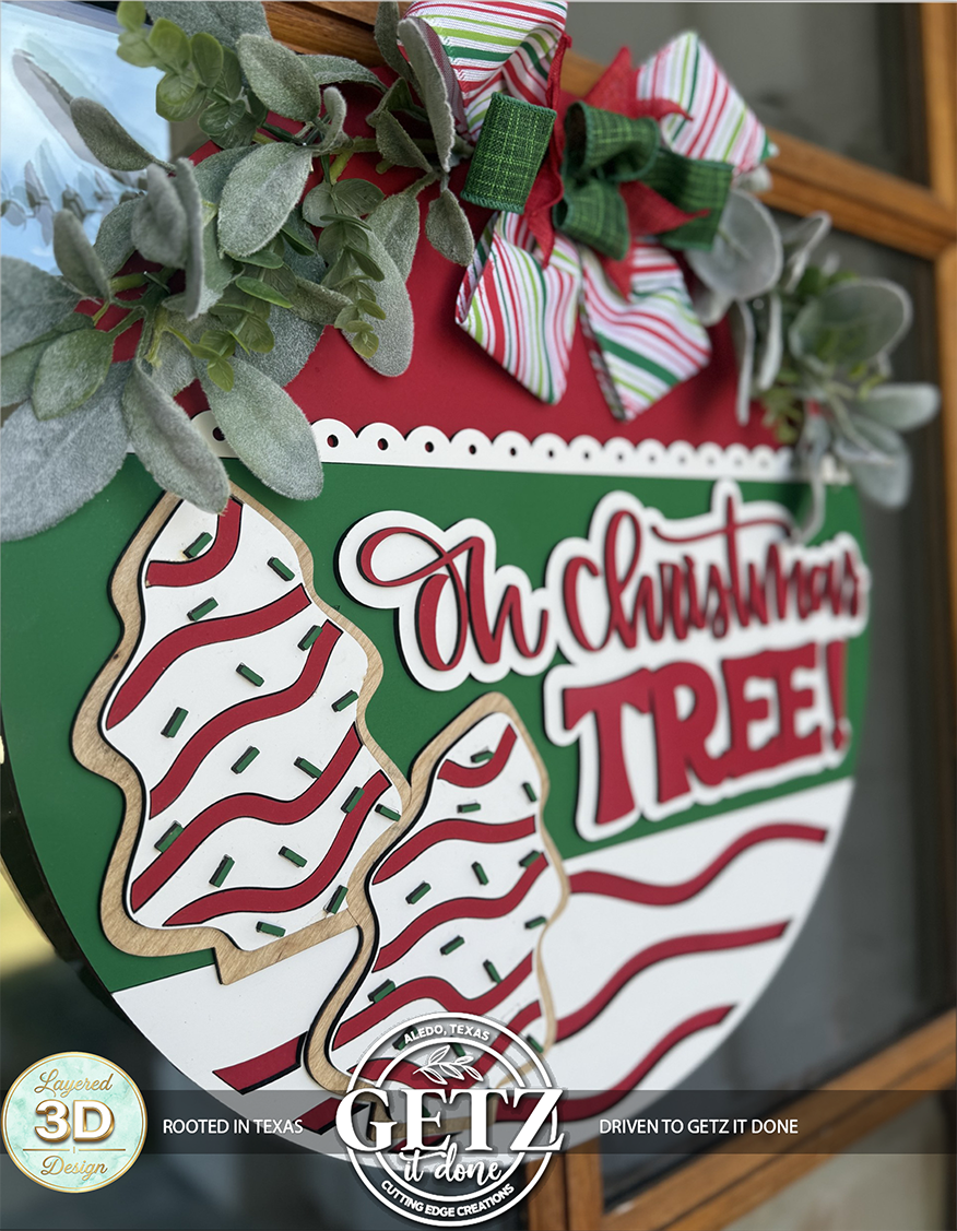 Oh Christmas Tree Cookie Door Sign – Laser Cut 3D Christmas Wreath, Holiday Front Door Hanger with Green Bow & Cookie Design (12”, 16”, 18”, 20”)