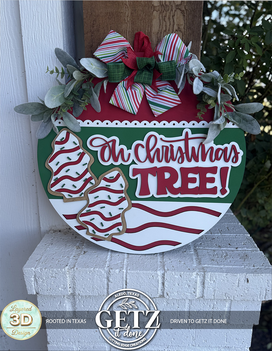 Oh Christmas Tree Cookie Door Sign – Laser Cut 3D Christmas Wreath, Holiday Front Door Hanger with Green Bow & Cookie Design (12”, 16”, 18”, 20”)