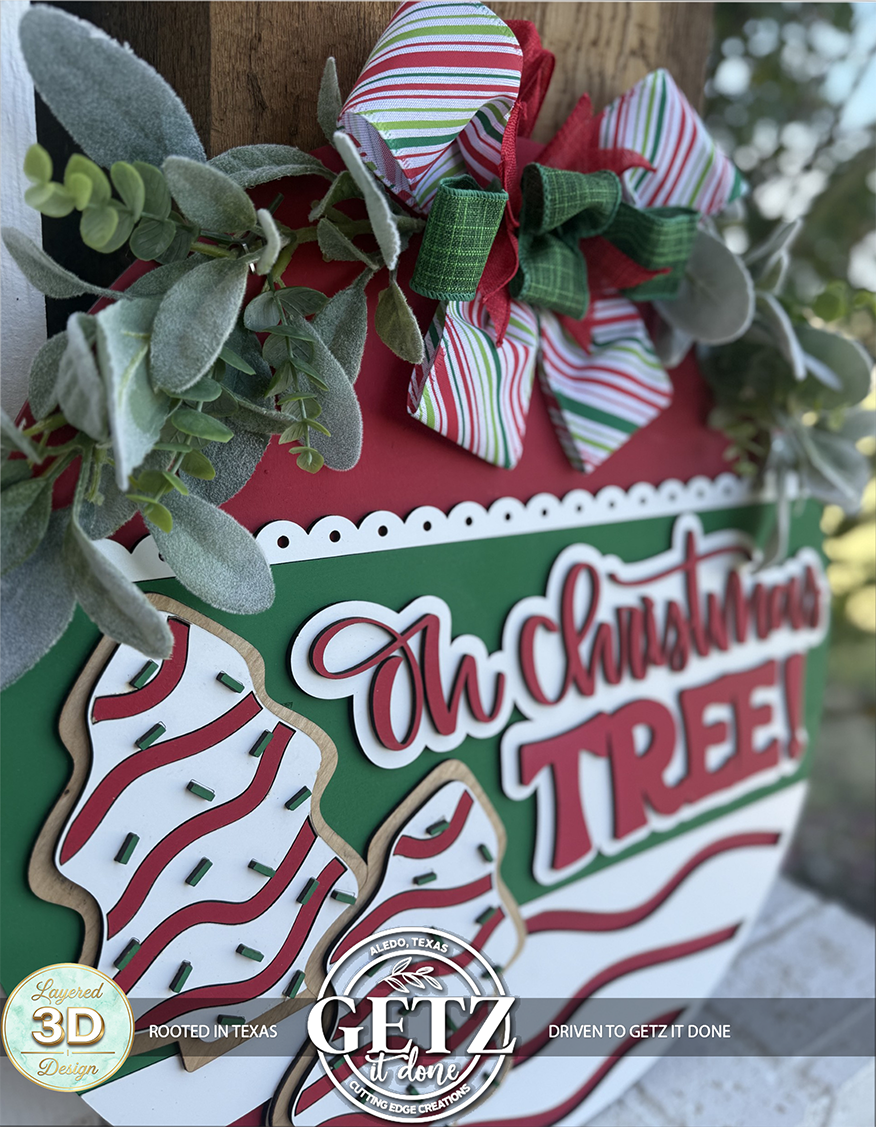 Oh Christmas Tree Cookie Door Sign – Laser Cut 3D Christmas Wreath, Holiday Front Door Hanger with Green Bow & Cookie Design (12”, 16”, 18”, 20”)