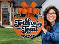 Trick or Treat Halloween Door Sign – Orange & Black Spider Web Wreath, 3D Layered Laser Cut Pumpkin Door Hanger with Bow - 3D Layered Wood Door Sign by Getz It Done Studio