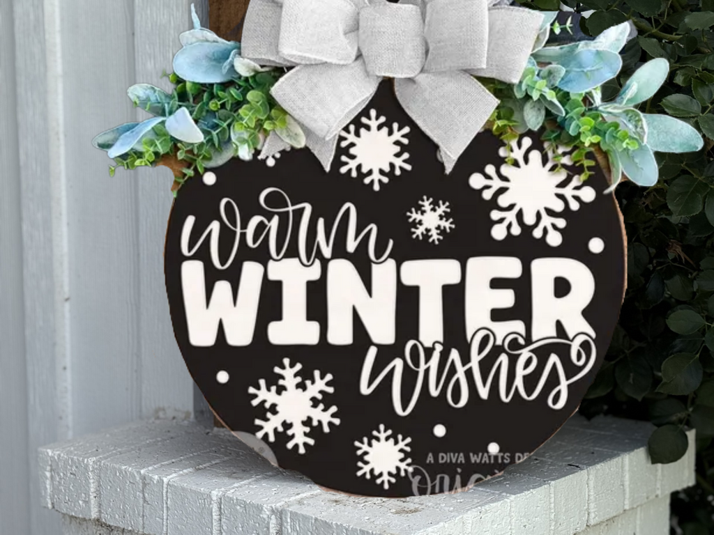 Warm Winter Wishes Door Sign – Black and White Winter Door Hanger, Handmade Layered Wood Snowflake Porch Decor