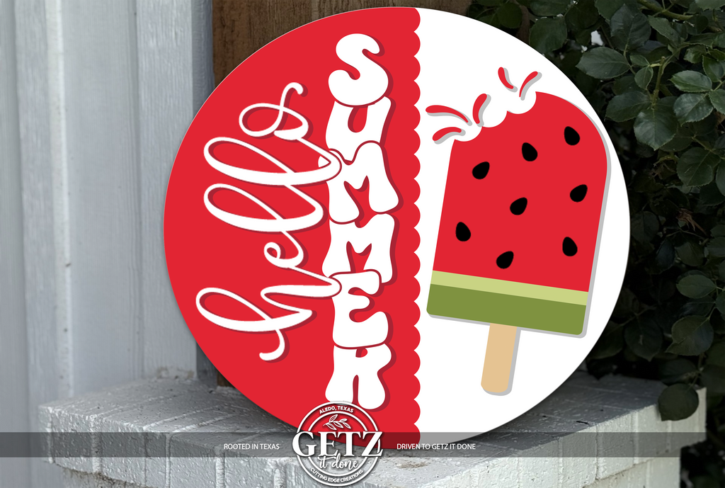 Hello Summer! 3D Layered Watermelon Popsicle Round Wood Sign