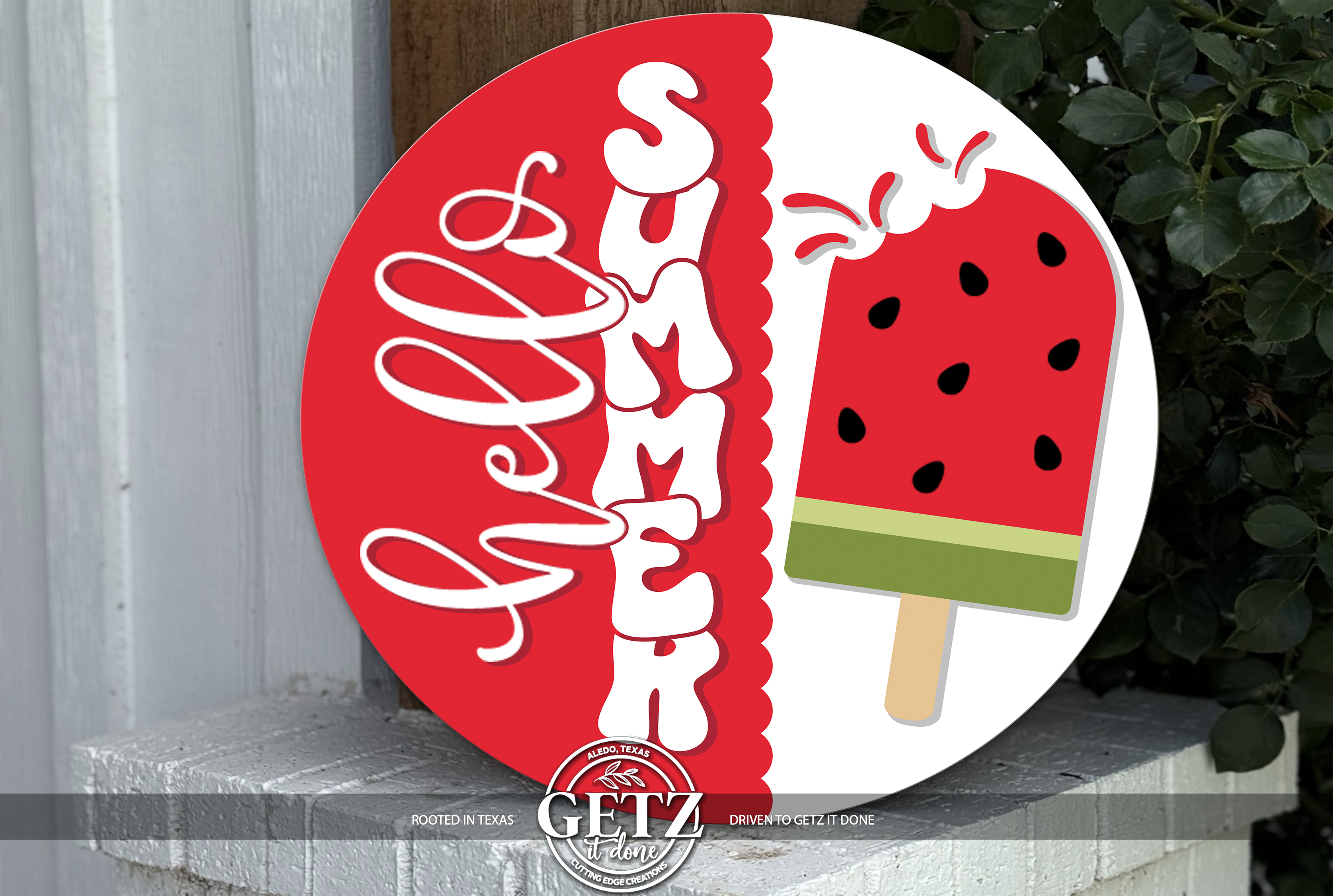 Hello Summer! 3D Layered Watermelon Popsicle Round Wood Sign