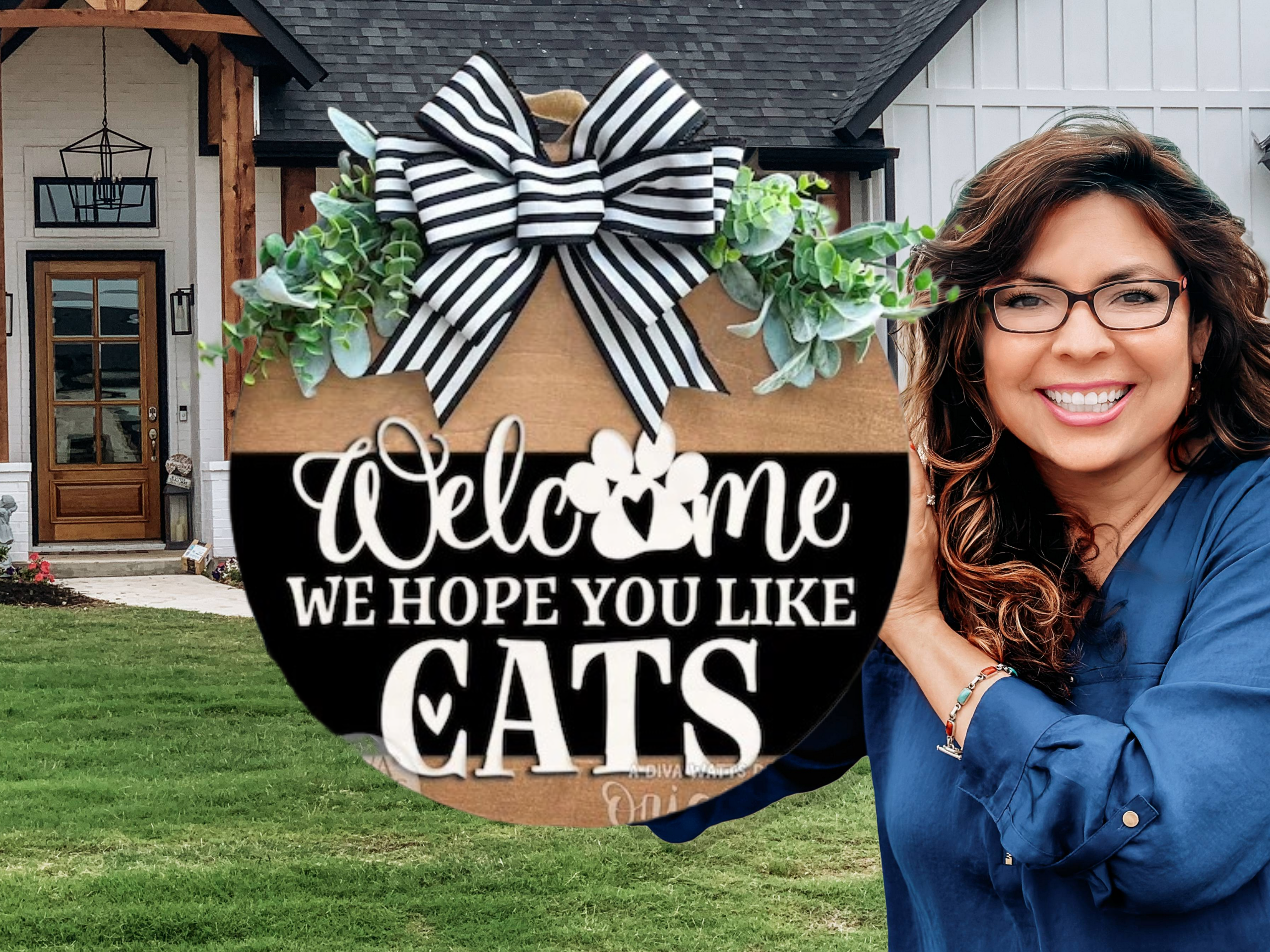 Welcome We Hope You Like Cats Door Hanger – Funny Cat Lover Porch Sign – Farmhouse Cat Decor – Layered Wood Round with Ribbon Hanger