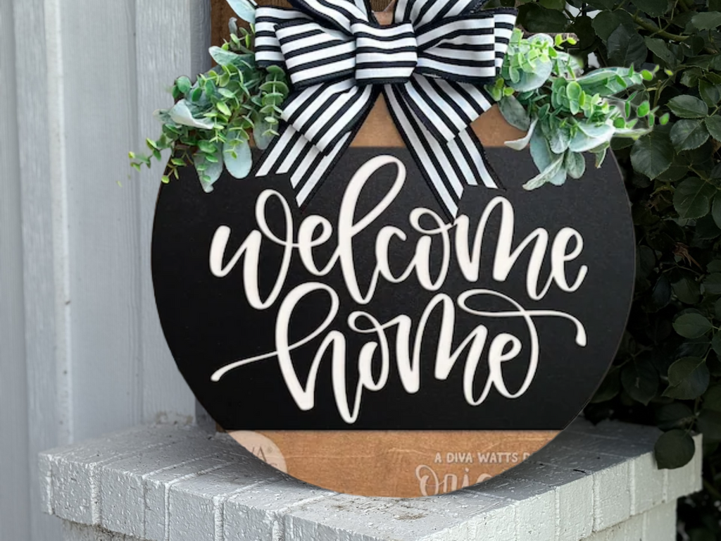Welcome Home Door Hanger • Layered Wood Welcome Sign • Black & White Bow Front Door Decor • Modern Farmhouse Entry Sign • Handmade Gift