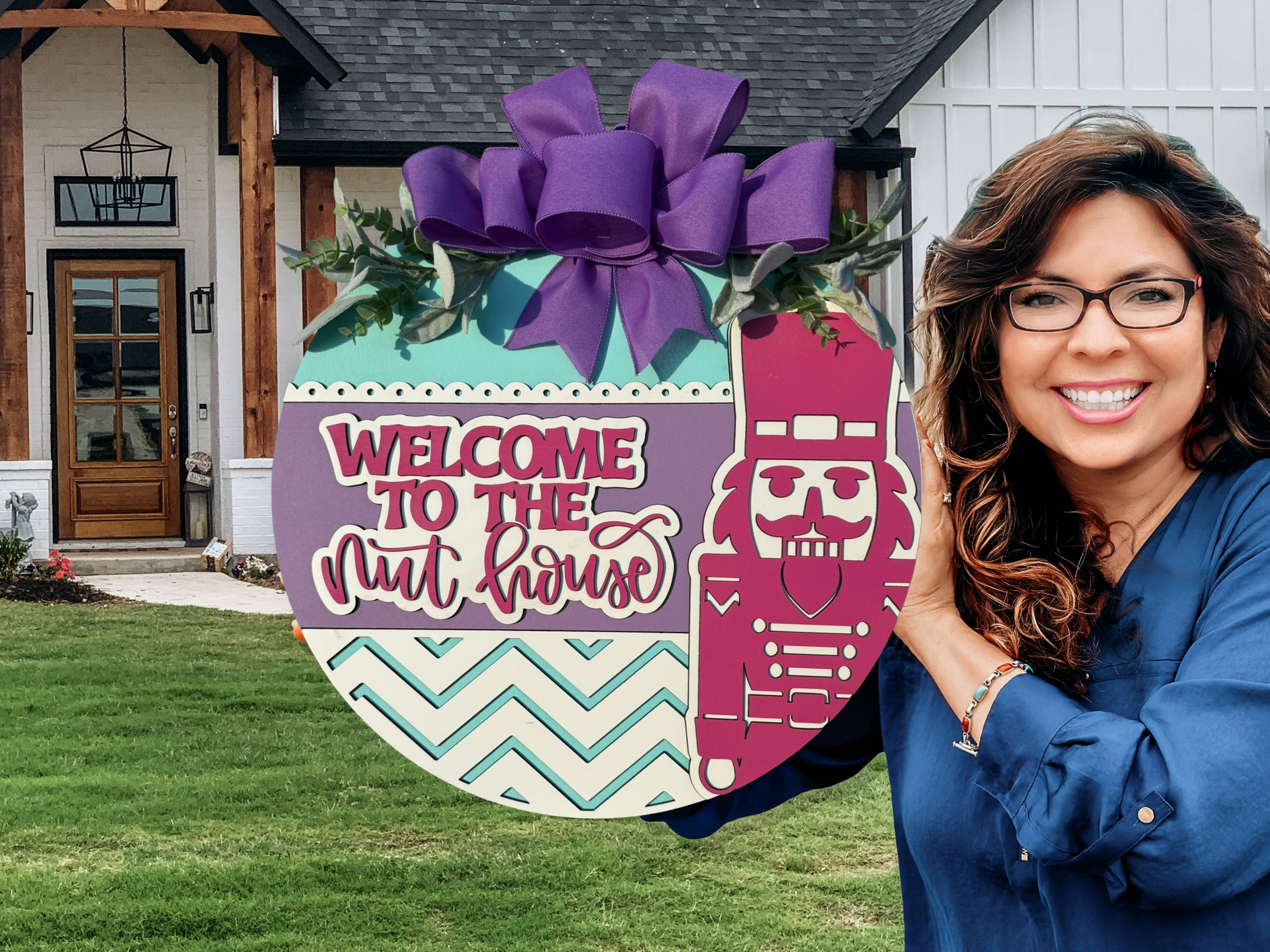 Welcome to the Nut House Door Sign – Nutcracker Christmas Wreath, 3D Layered Wooden Holiday Door Hanger with Purple Bow (16–20”)