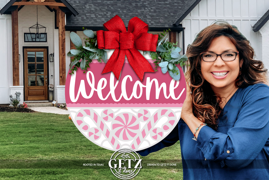 Welcome Door Sign | Pink Peppermint Christmas Decor | Layered Wood Round | Holiday Front Door Sign | Winter Porch Decor | Handmade Sign