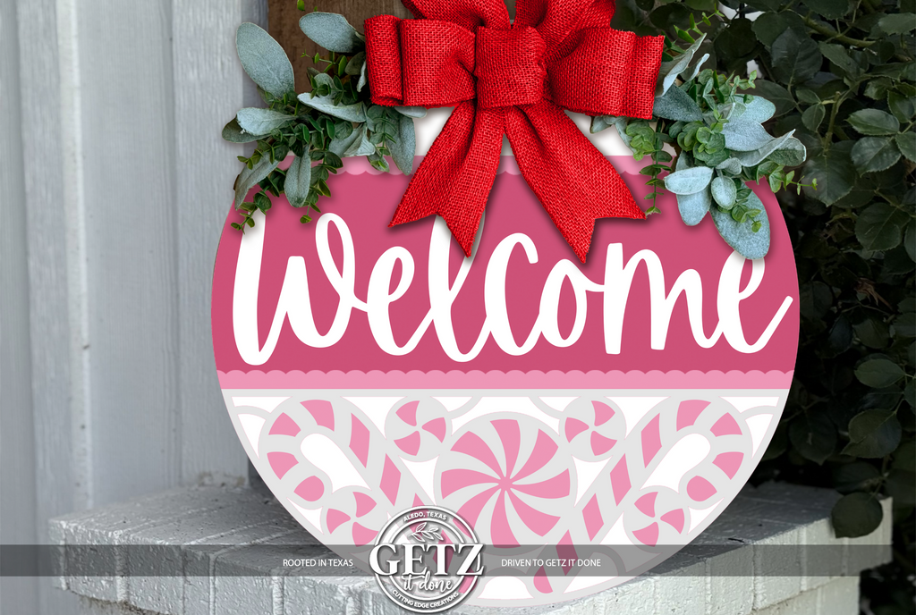 Welcome Door Sign | Pink Peppermint Christmas Decor | Layered Wood Round | Holiday Front Door Sign | Winter Porch Decor | Handmade Sign