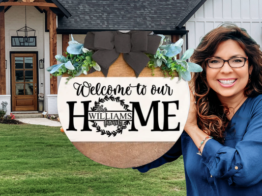 Personalized Welcome to Our Home Sign – Custom Family Name Door Hanger, Farmhouse Layered Wood Home Decor with Bow and Greenery