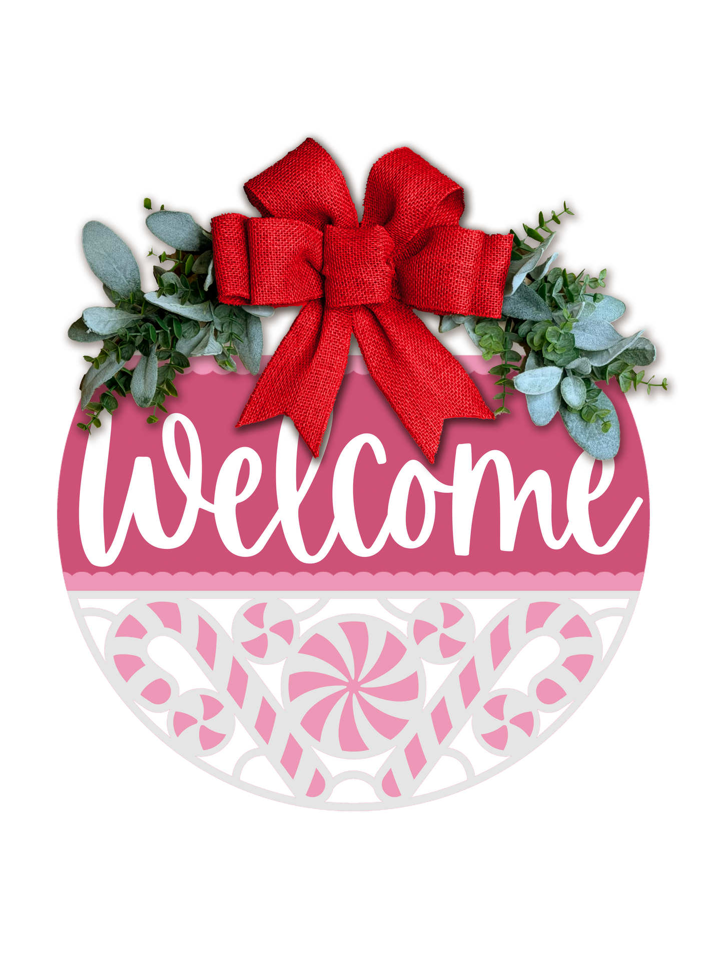 Welcome Door Sign | Pink Peppermint Christmas Decor | Layered Wood Round | Holiday Front Door Sign | Winter Porch Decor | Handmade Sign