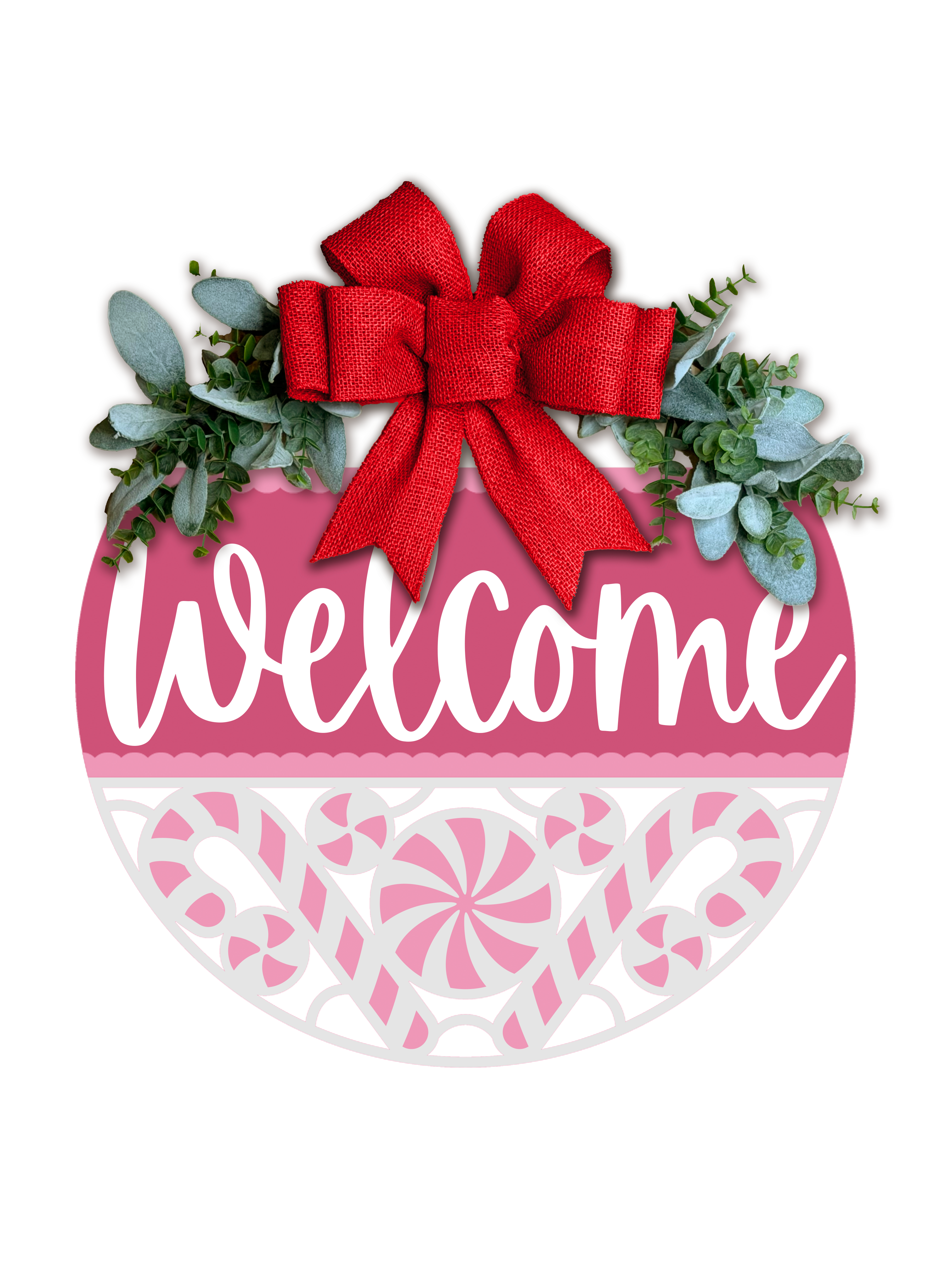Welcome Door Sign | Pink Peppermint Christmas Decor | Layered Wood Round | Holiday Front Door Sign | Winter Porch Decor | Handmade Sign