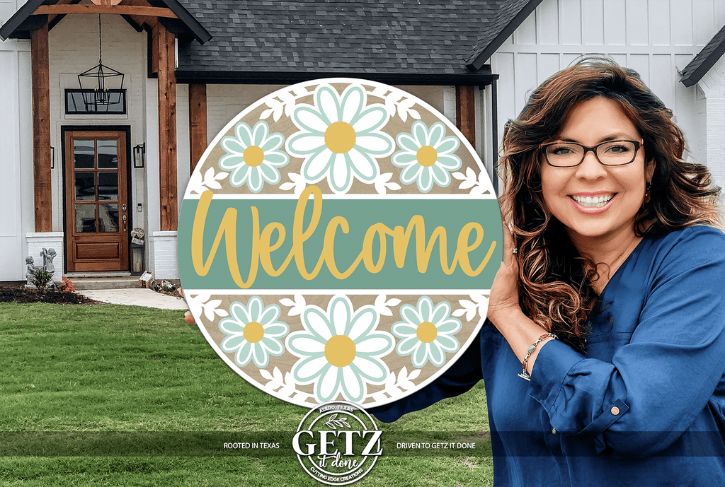 Floral Welcome Sign | Farmhouse Daisy Door Hanger | Spring Front Porch Decor | Round Wood Rustic Sign - 3D Layered Wood Door Sign by Getz It Done Studio
