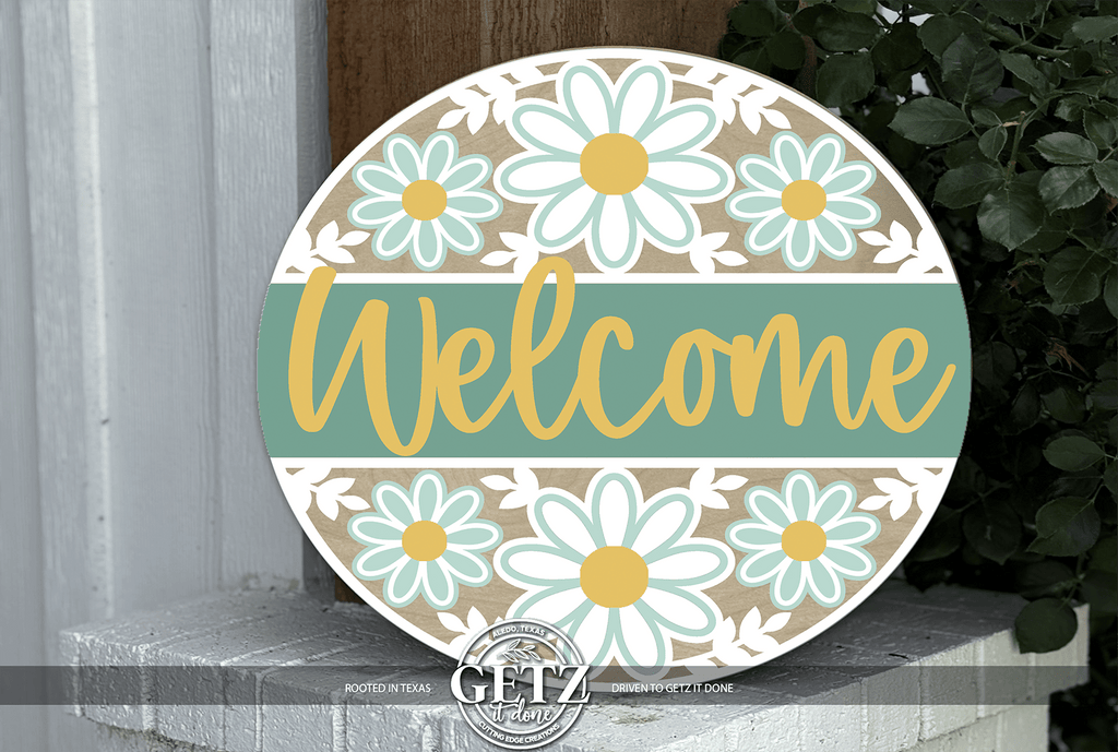 Floral Welcome Sign | Farmhouse Daisy Door Hanger | Spring Front Porch Decor | Round Wood Rustic Sign - 3D Layered Wood Door Sign by Getz It Done Studio