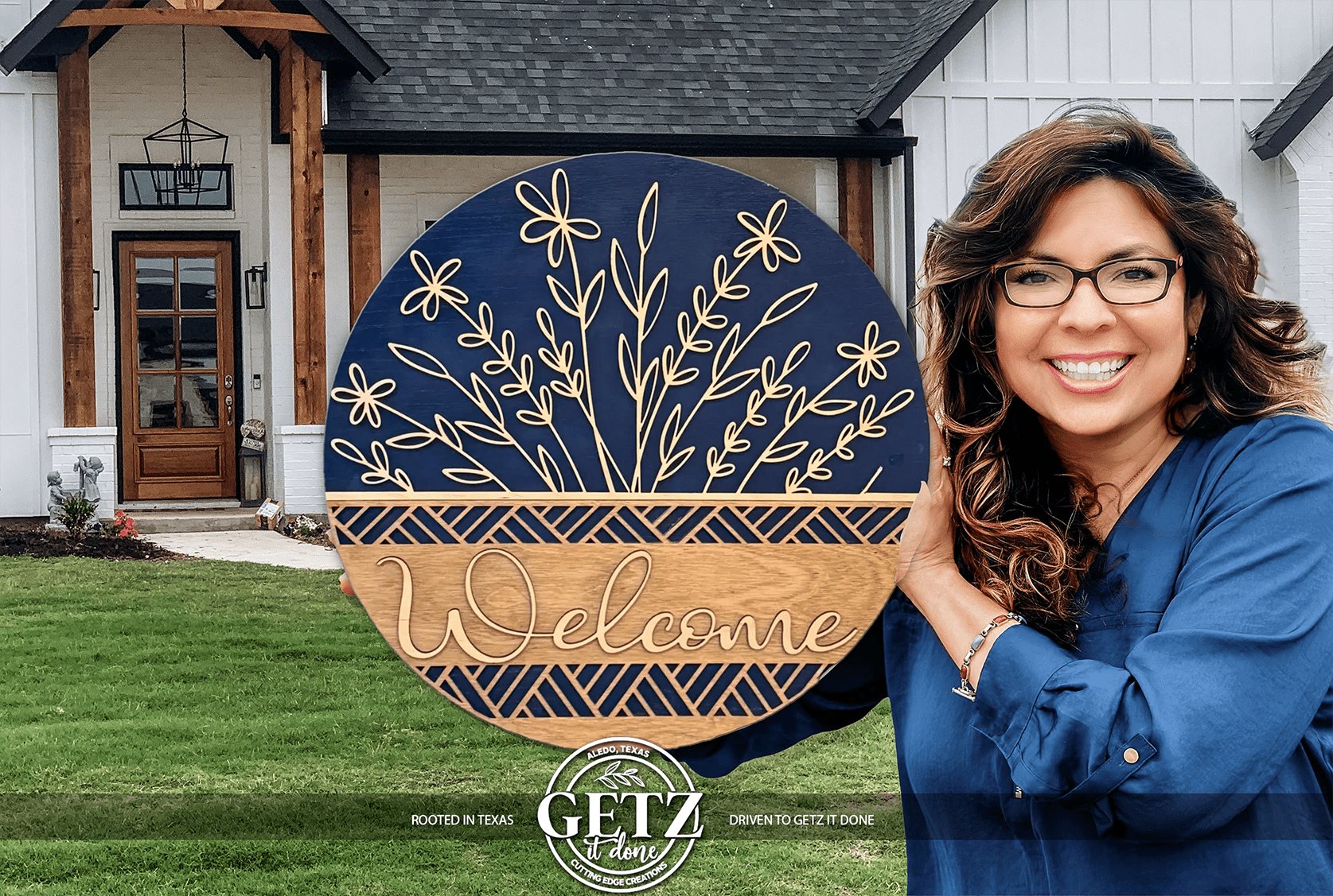 Welcome Floral Door Sign | Round Wood Welcome Sign | Laser Cut Floral Basket Front Door Decor - 3D Layered Wood Door Sign by Getz It Done Studio