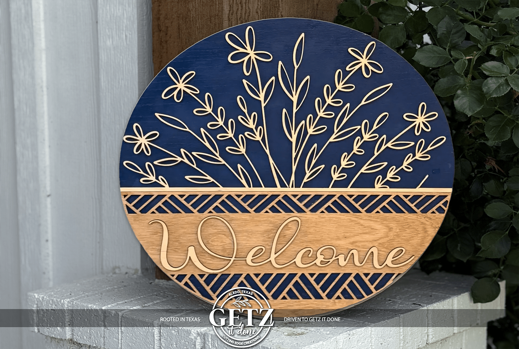 Welcome Floral Door Sign | Round Wood Welcome Sign | Laser Cut Floral Basket Front Door Decor - 3D Layered Wood Door Sign by Getz It Done Studio