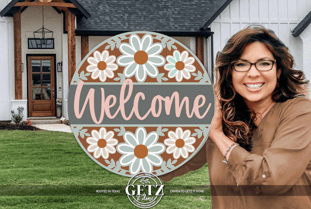 Floral Welcome Sign | Farmhouse Daisy Door Hanger | Spring Front Porch Decor | Round Wood Rustic Sign - 3D Layered Wood Door Sign by Getz It Done Studio
