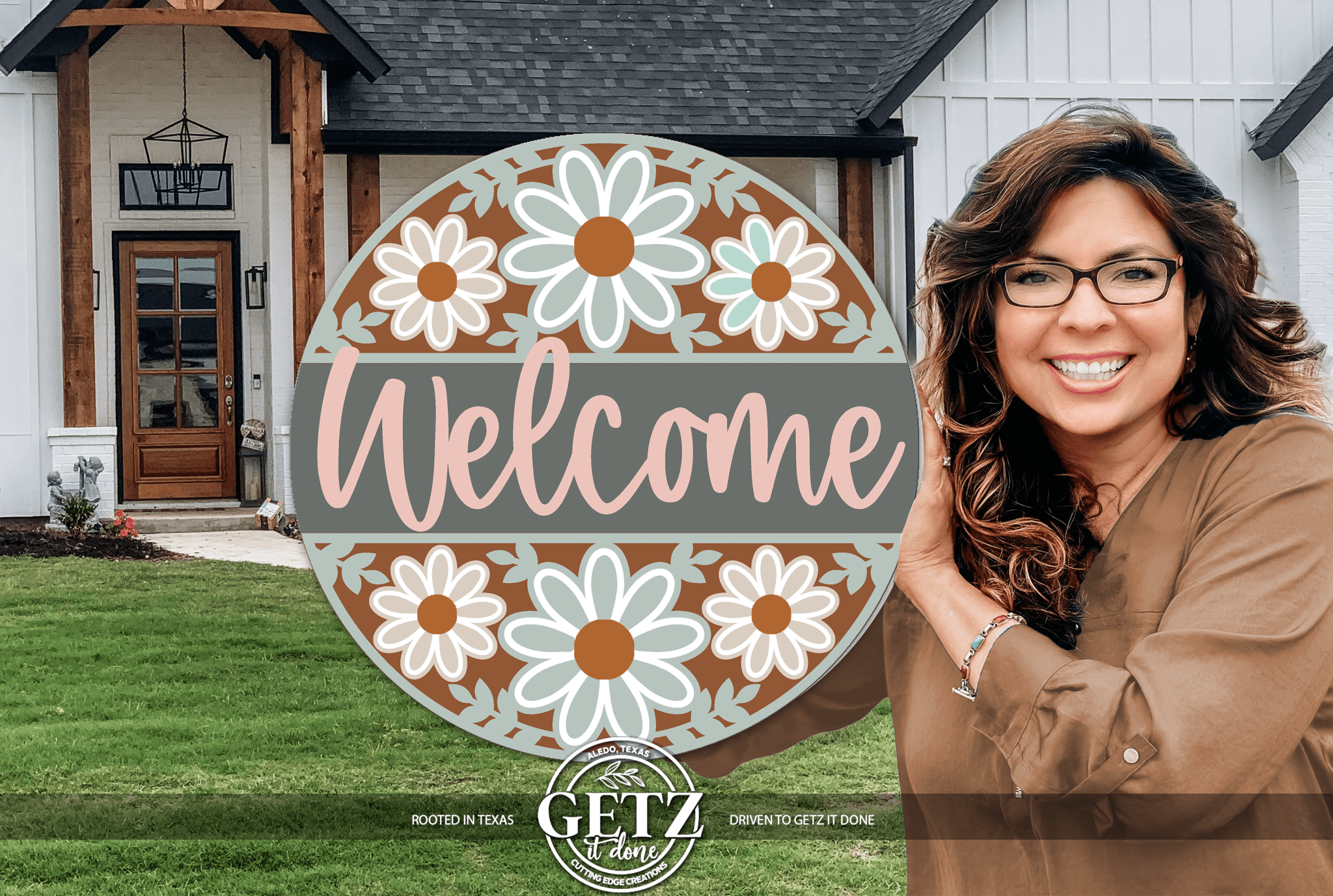 Floral Welcome Sign | Farmhouse Daisy Door Hanger | Spring Front Porch Decor | Round Wood Rustic Sign - 3D Layered Wood Door Sign by Getz It Done Studio