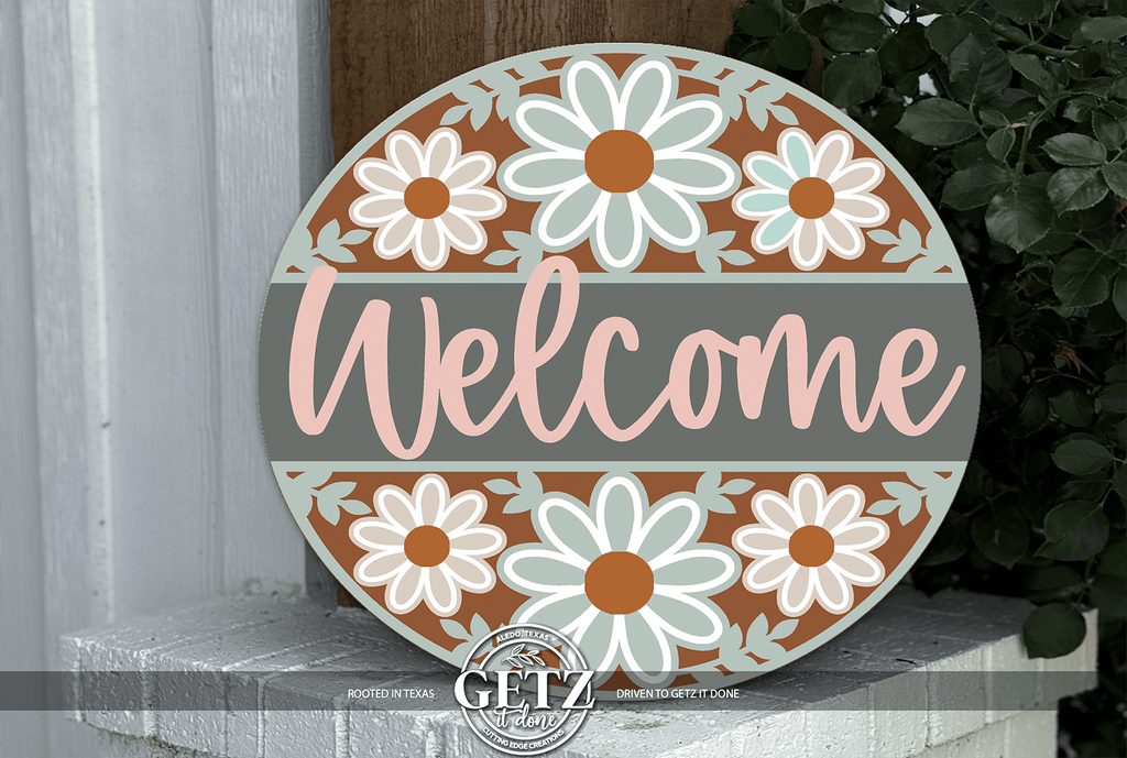 Floral Welcome Sign | Farmhouse Daisy Door Hanger | Spring Front Porch Decor | Round Wood Rustic Sign - 3D Layered Wood Door Sign by Getz It Done Studio