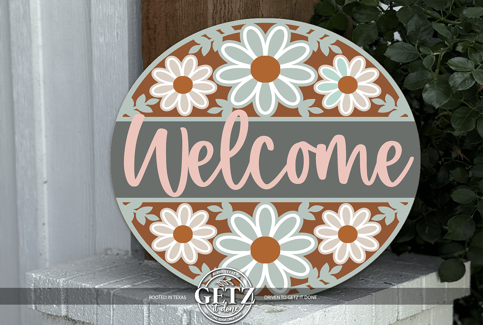 Floral Welcome Sign | Farmhouse Daisy Door Hanger | Spring Front Porch Decor | Round Wood Rustic Sign - 3D Layered Wood Door Sign by Getz It Done Studio