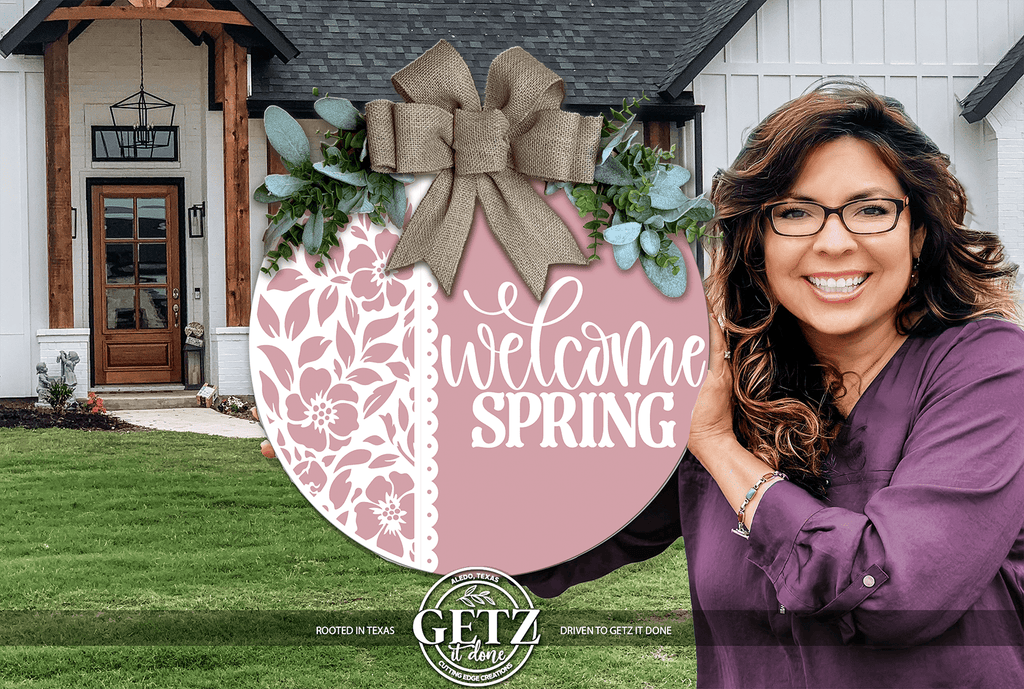 Pink Welcome Spring Door Sign – Floral Farmhouse Layered Wood Porch Decor - 3D Layered Wood Door Sign by Getz It Done Studio