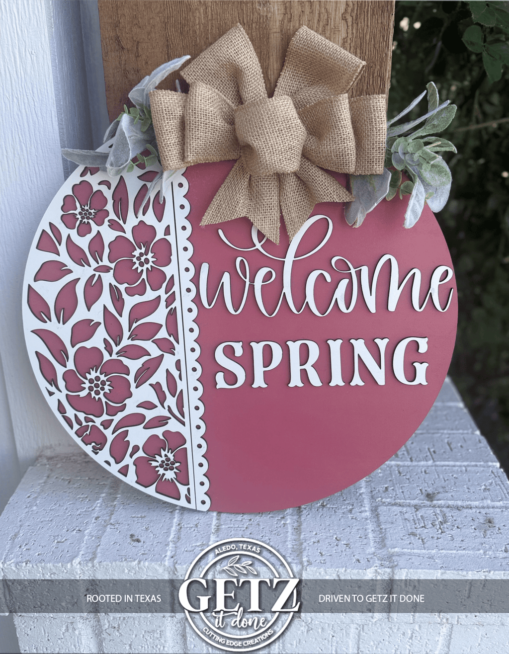 Pink Welcome Spring Door Sign – Floral Farmhouse Layered Wood Porch Decor - 3D Layered Wood Door Sign by Getz It Done Studio