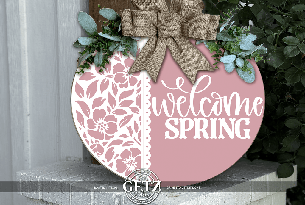 Pink Welcome Spring Door Sign – Floral Farmhouse Layered Wood Porch Decor - 3D Layered Wood Door Sign by Getz It Done Studio