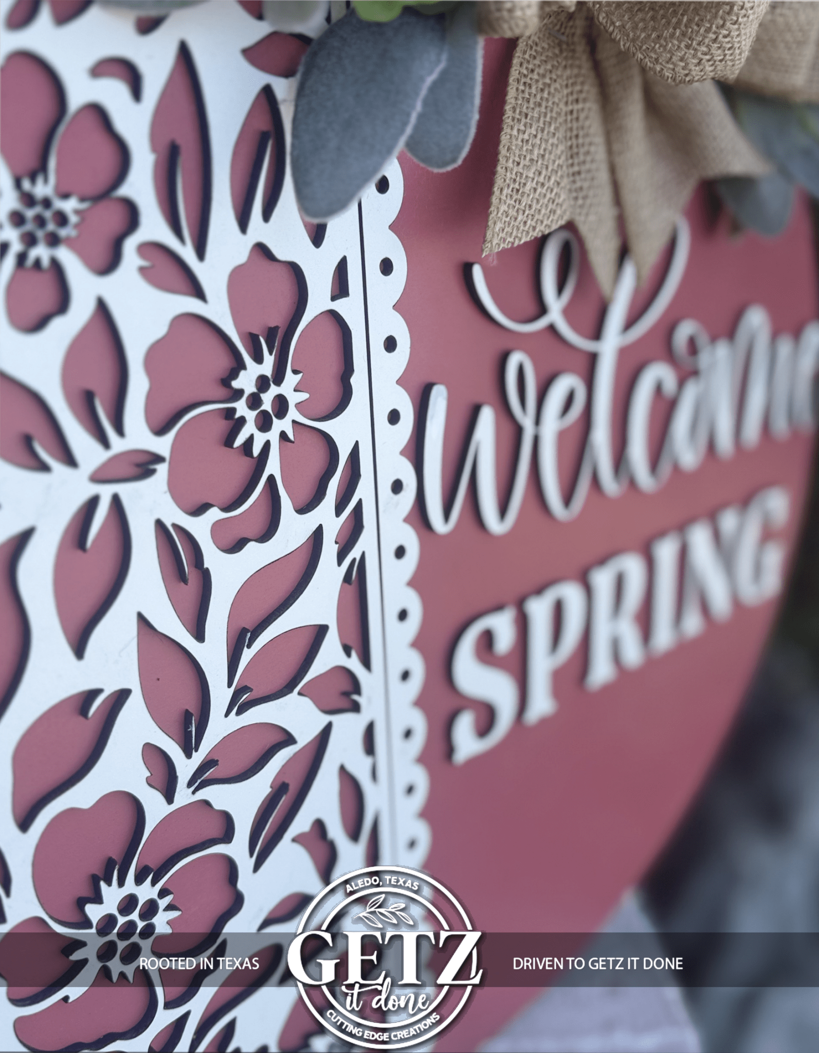 Pink Welcome Spring Door Sign – Floral Farmhouse Layered Wood Porch Decor - 3D Layered Wood Door Sign by Getz It Done Studio
