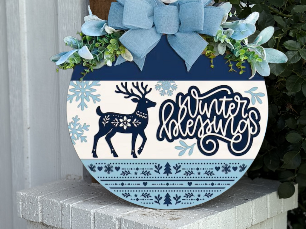 Winter Blessings Door Hanger • Layered Reindeer & Snowflakes Winter Sign